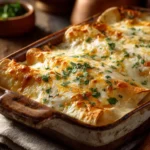 Close-up of sour cream chicken enchiladas baked with bubbling cheese and creamy sauce