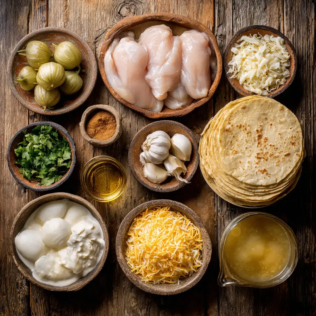 Ingredients for sour cream chicken enchiladas laid out flat in bowls