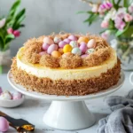 decorated no-bake Easter cheesecake with nests