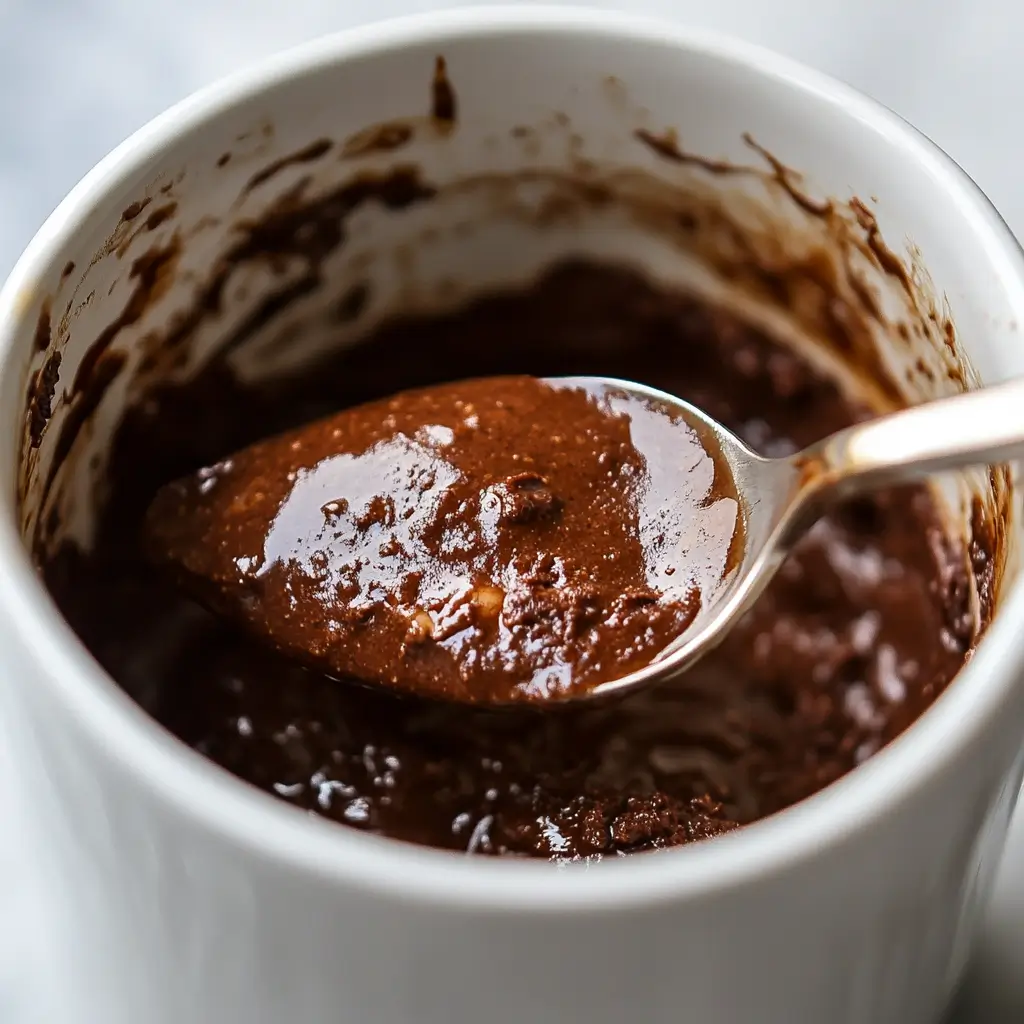 stirring mug brownie batter in ceramic mug