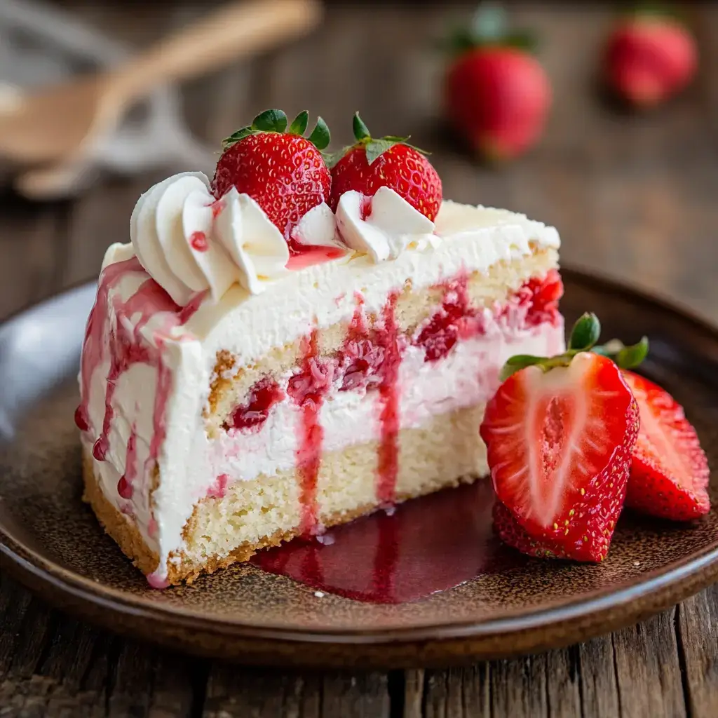 slice of strawberry cake and cheesecake with fresh berries