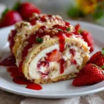 Close-up of Strawberry Shortcake Cheesecake Rolls sliced on a plate
