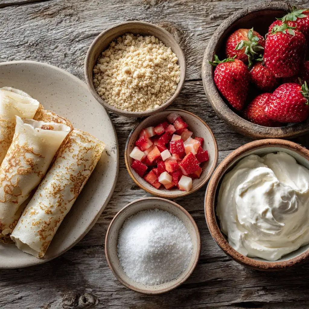 Ingredients for Strawberry Shortcake Cheesecake Rolls in ceramic bowls