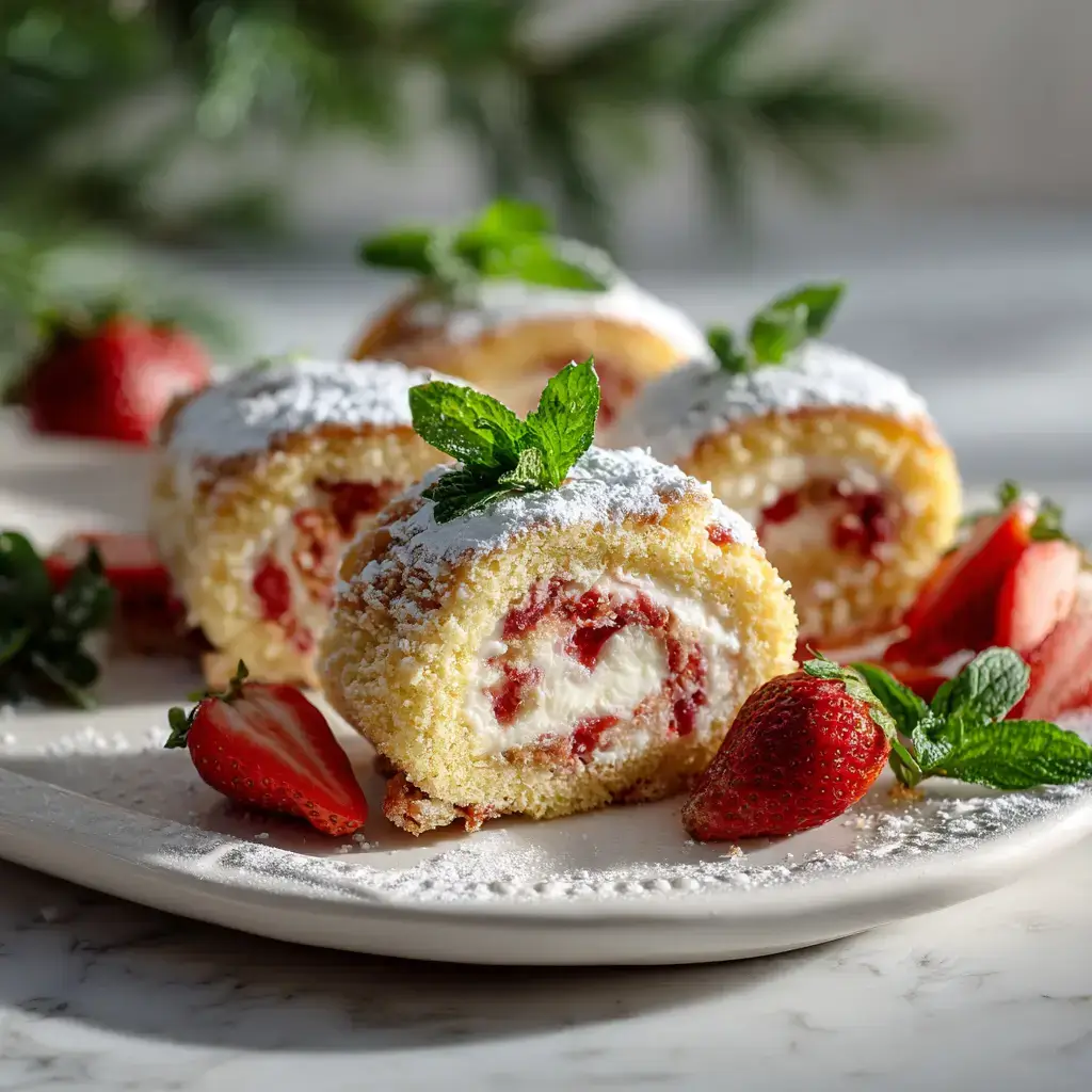 Plated Strawberry Shortcake Cheesecake Rolls with powdered sugar and mint