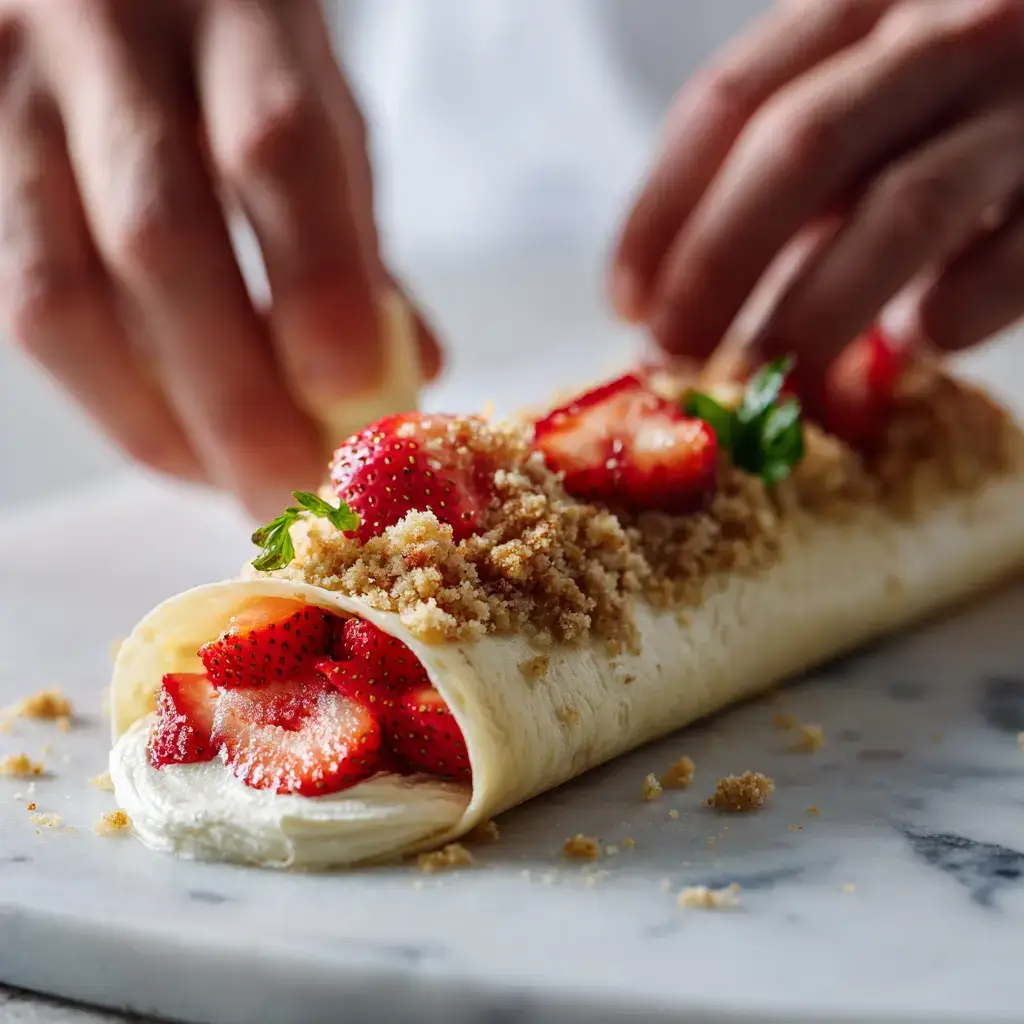 Rolling Strawberry Shortcake Cheesecake Rolls with filling and strawberries