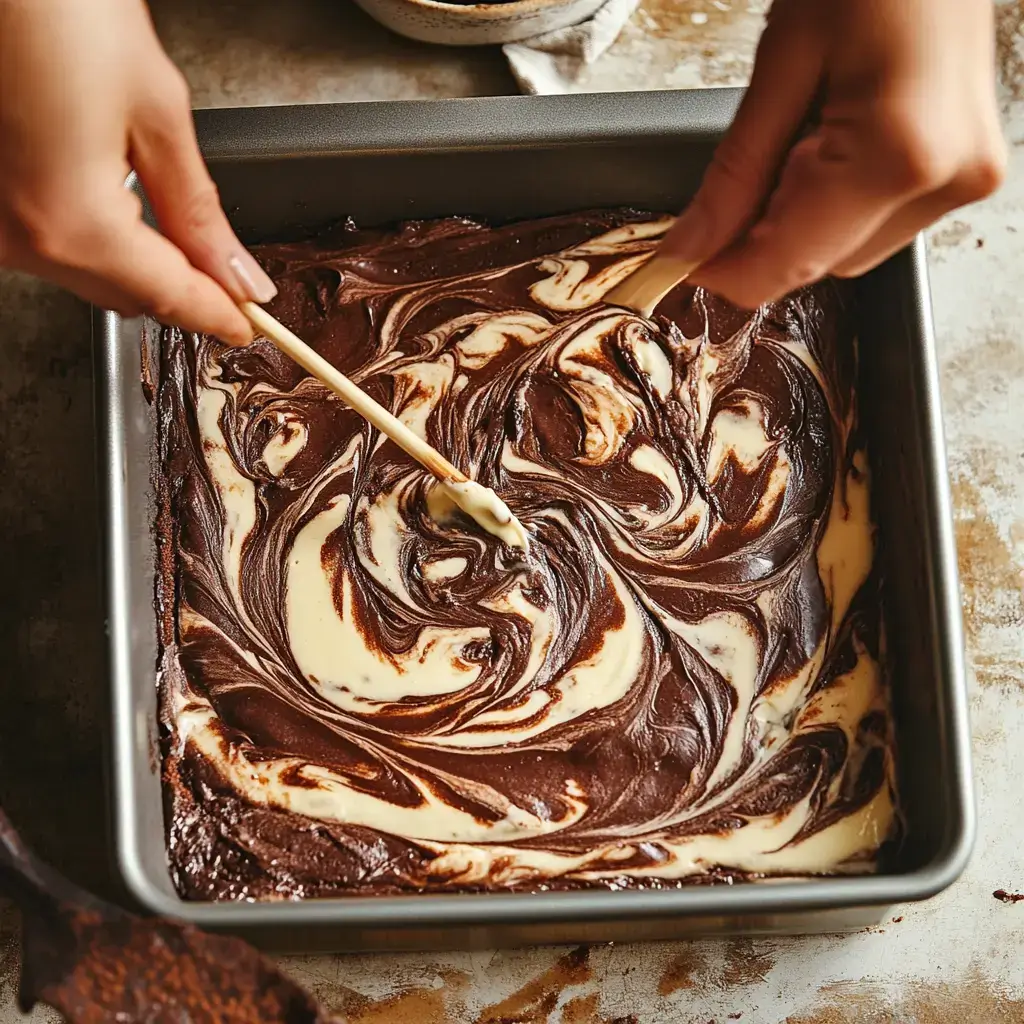 Swirling brownie and cheesecake layers in pan