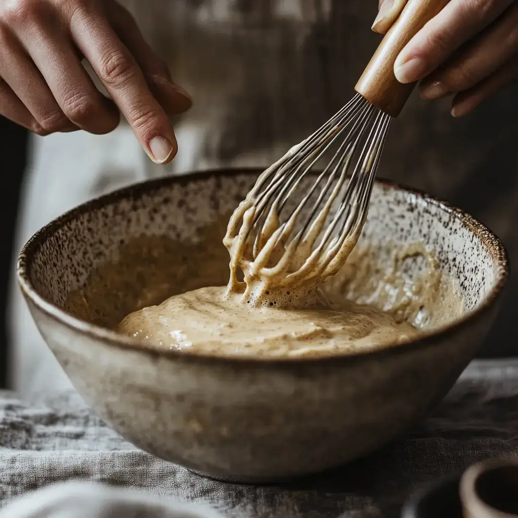 Whisking einkorn pancake batter in a ceramic bowl