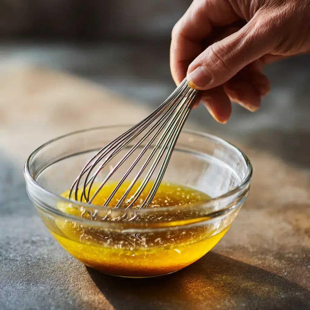 Whisking lemon vinaigrette dressing in a bowl
