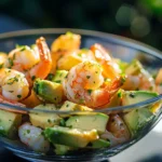 zesty lime shrimp and avocado salad in glass bowl