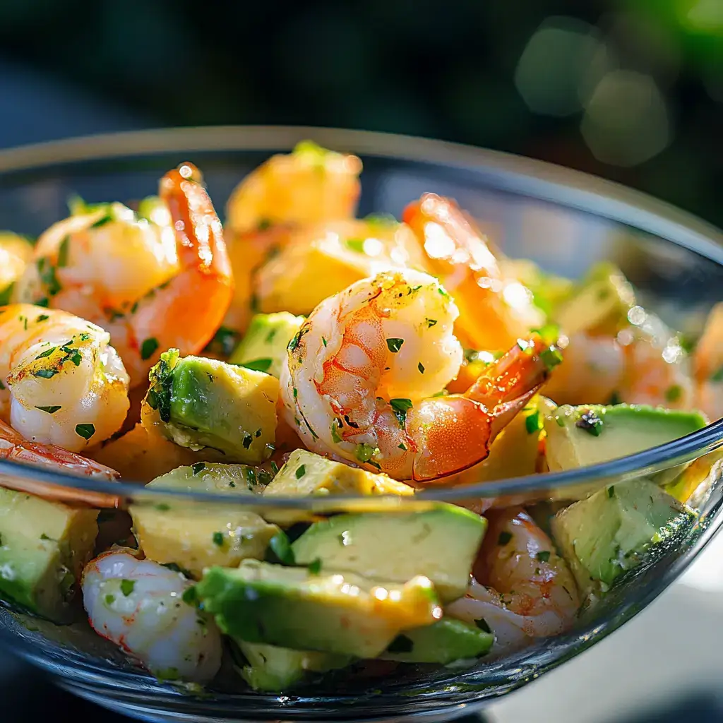 zesty lime shrimp and avocado salad in glass bowl