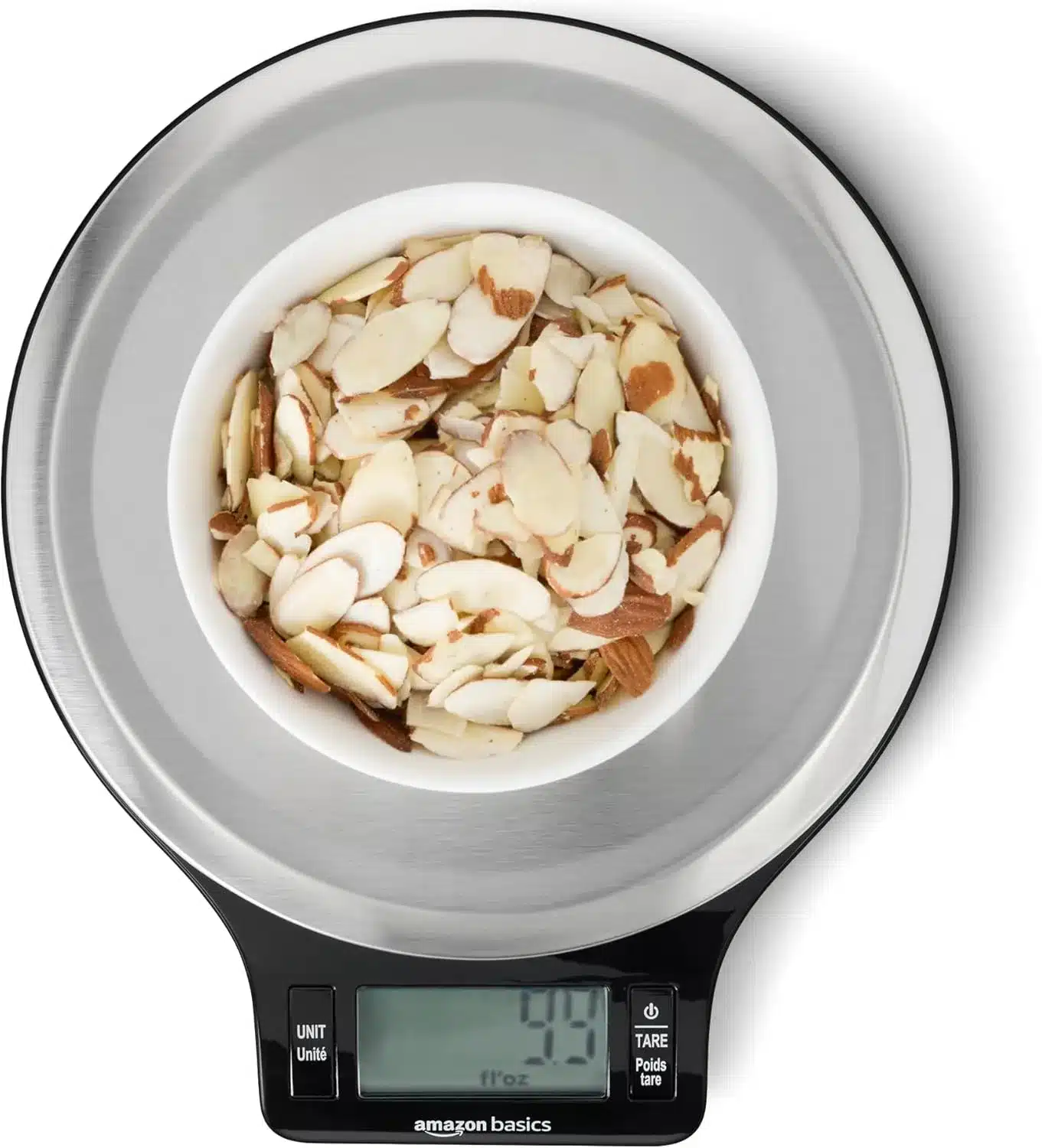Amazon Basics digital kitchen scale with LCD display on white countertop
