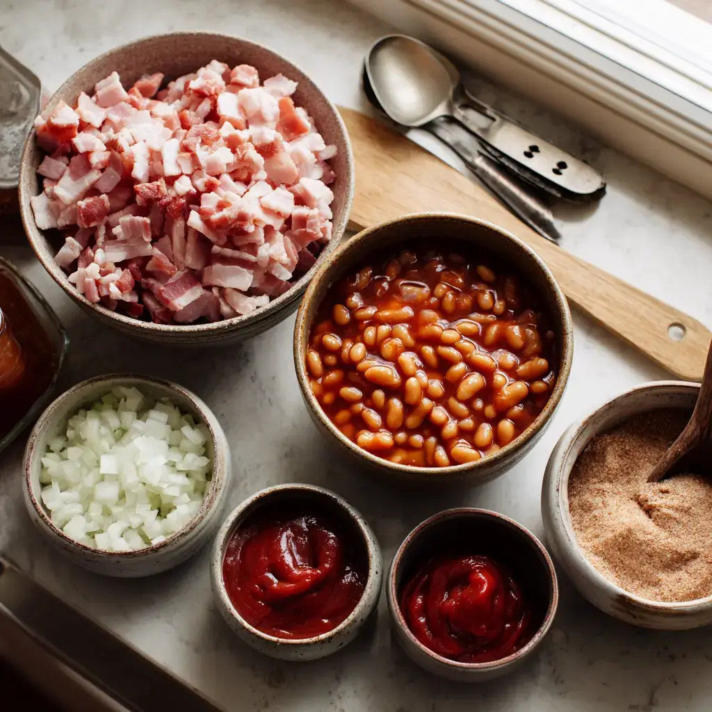 Baked beans recipe ingredients on countertop