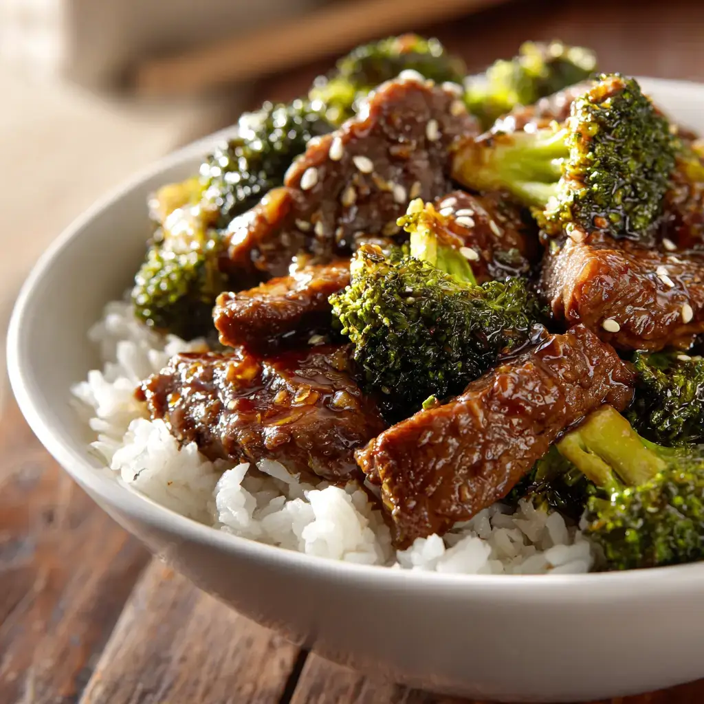 Beef and broccoli recipe crockpot dish close-up in bowl