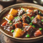 Beef stew slow cooker served in ceramic bowl