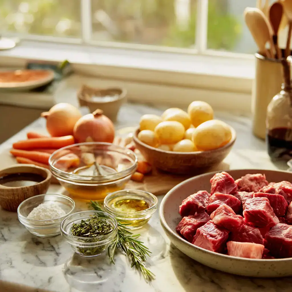 Beef stew slow cooker ingredients laid out