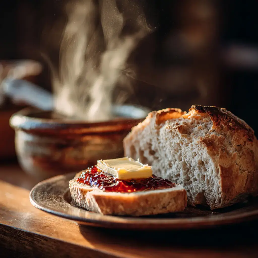 Sliced loaf of bread in 10 minutes served with butter on a ceramic plate