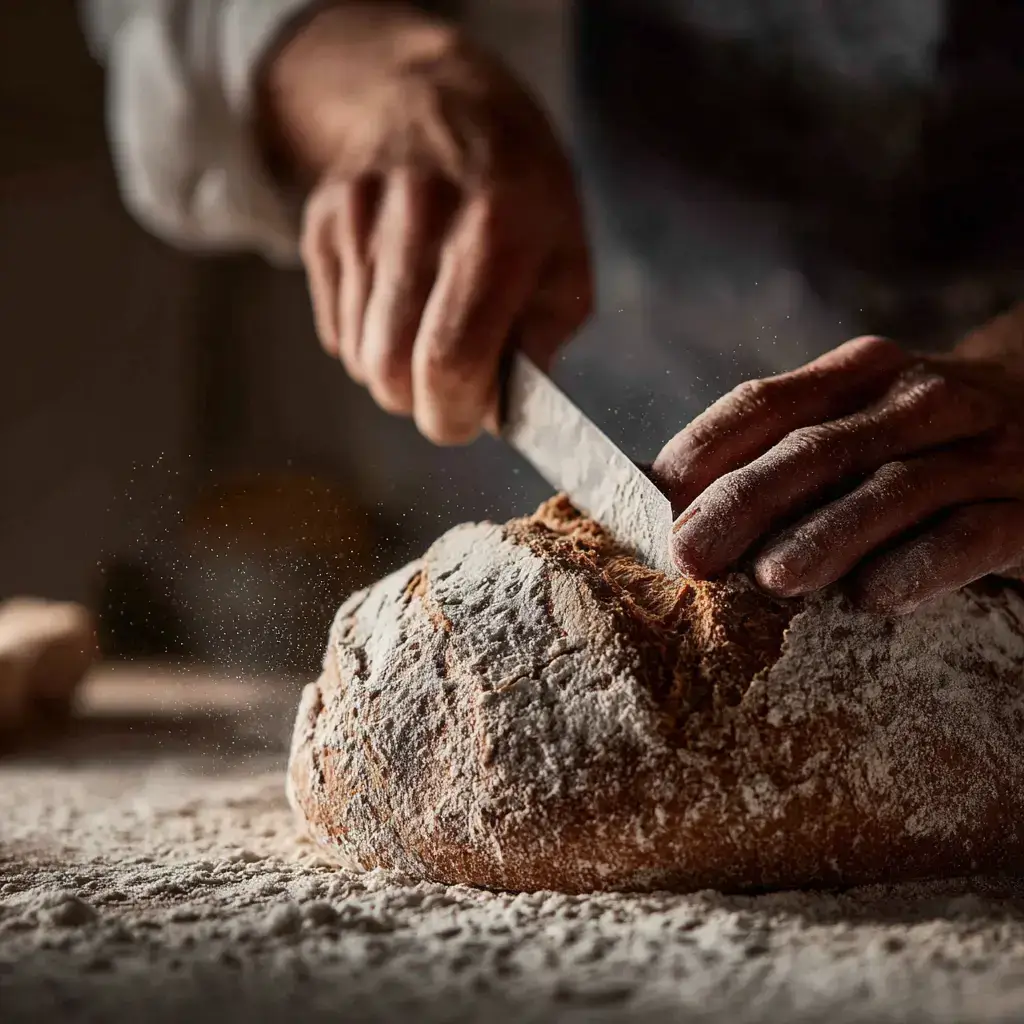 Hands scoring round dough with knife before baking bread in 10 minutes