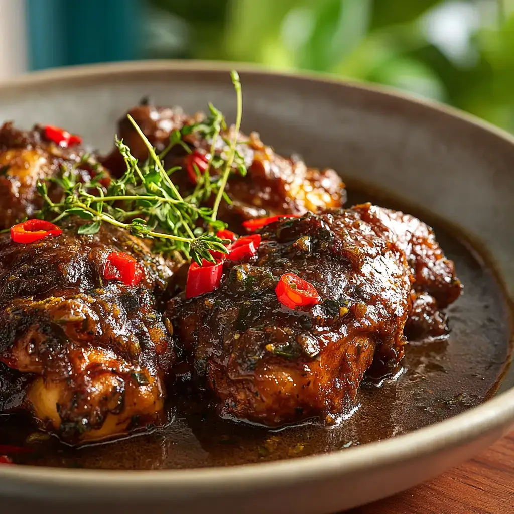 Brown stew chicken recipe served with glossy gravy and peppers