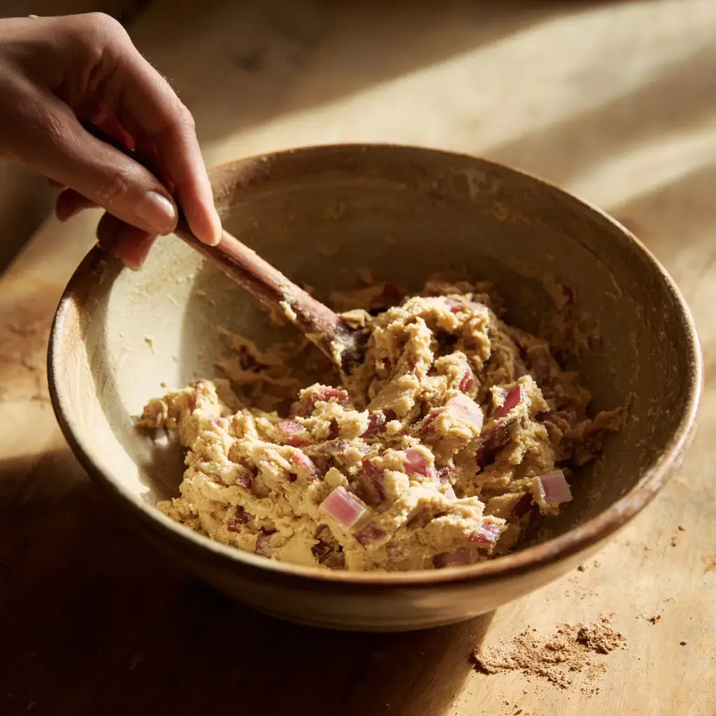 Cookie dough with rhubarb and cinnamon being mixed in a bowl