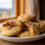 Close-up of soft and chewy brown sugar rhubarb cookies