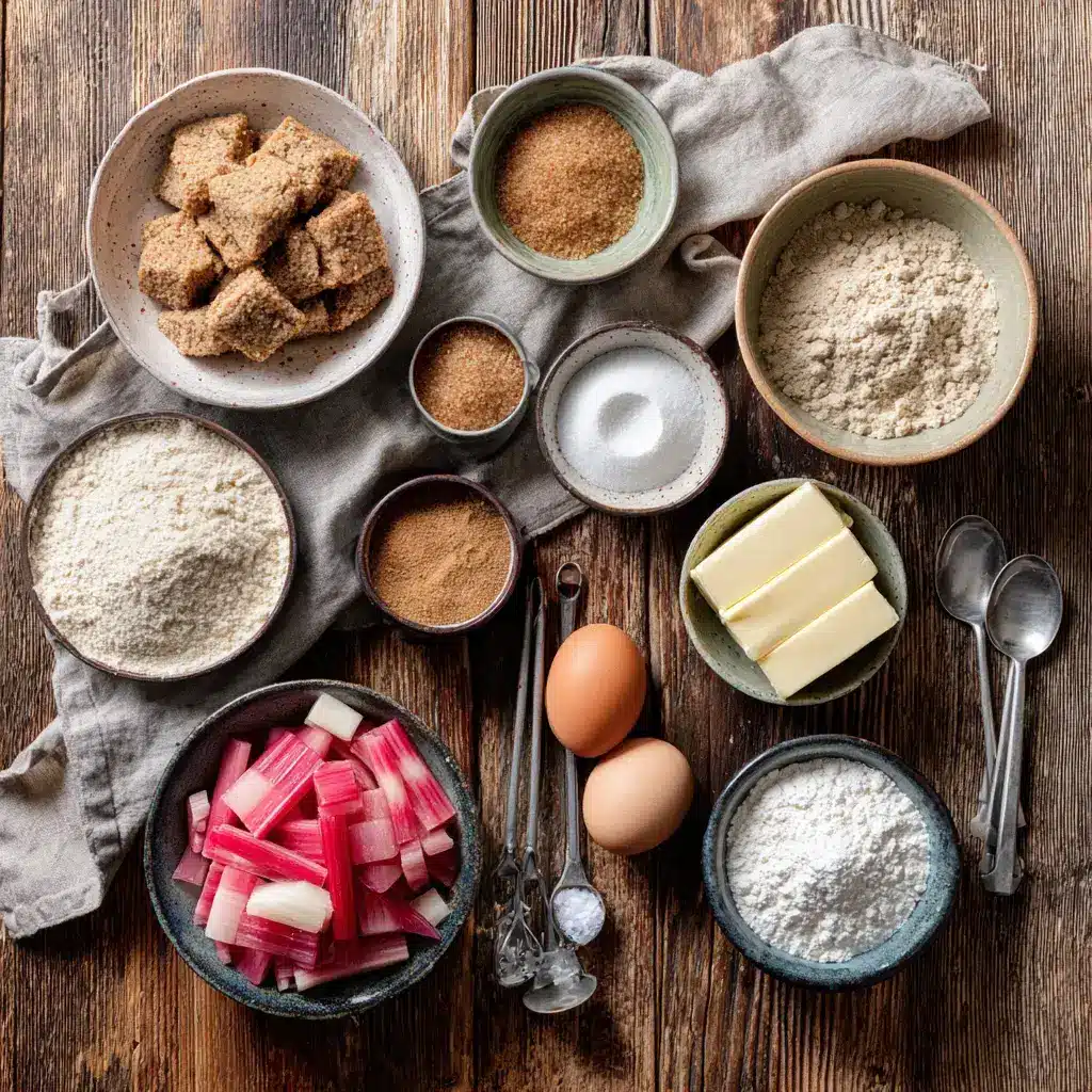 Ingredients for brown sugar rhubarb cookies arranged on a wooden table