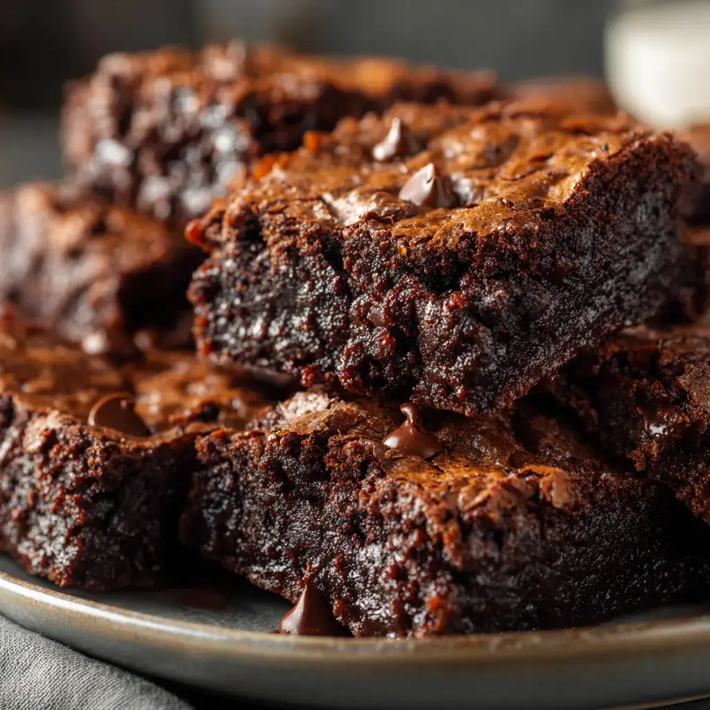 Fudgy brownies american recipe in a ceramic dish, cut to show moist interior.