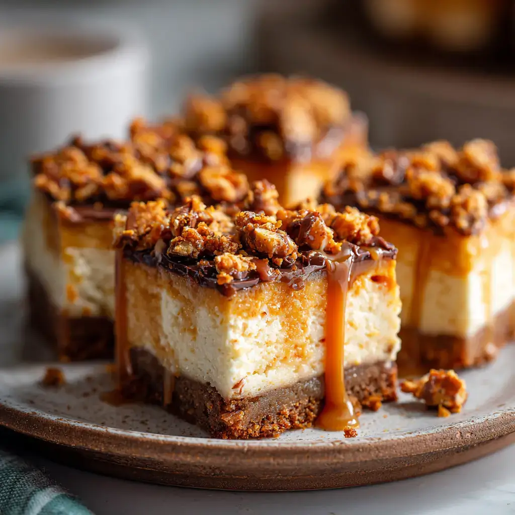 Butterfinger Caramel Cheesecake Bars with caramel drizzle