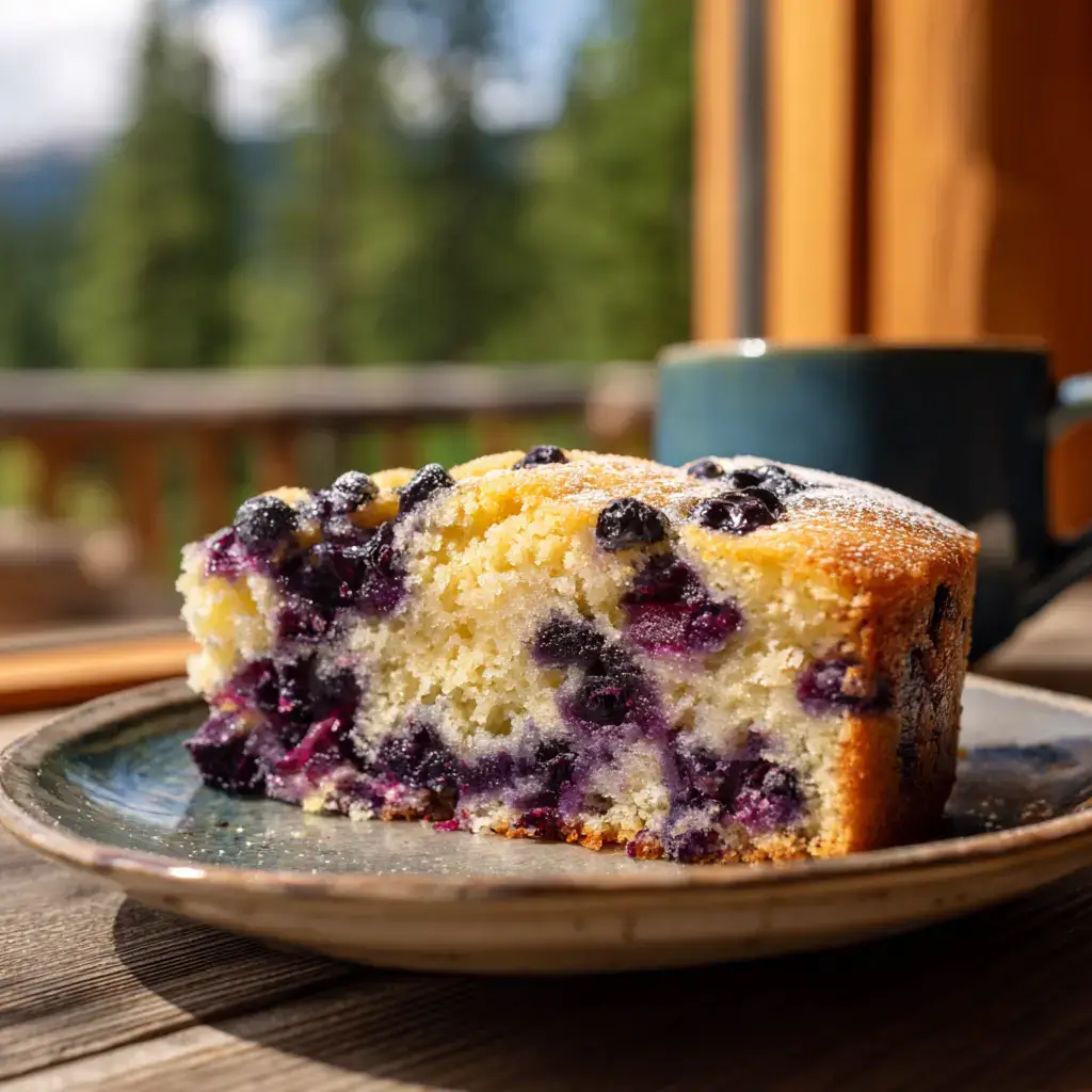 Buttermilk Blueberry Breakfast Cake slice on ceramic plate