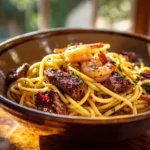 Calabrian steak and shrimp bucatini served in ceramic bowl