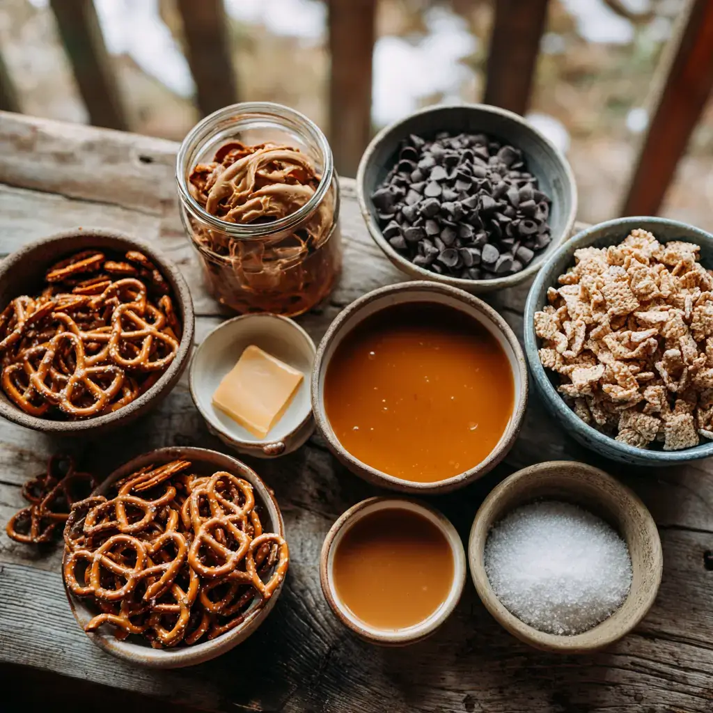 Ingredients for No Bake Caramel Pretzel Crack Bars in ceramic bowls