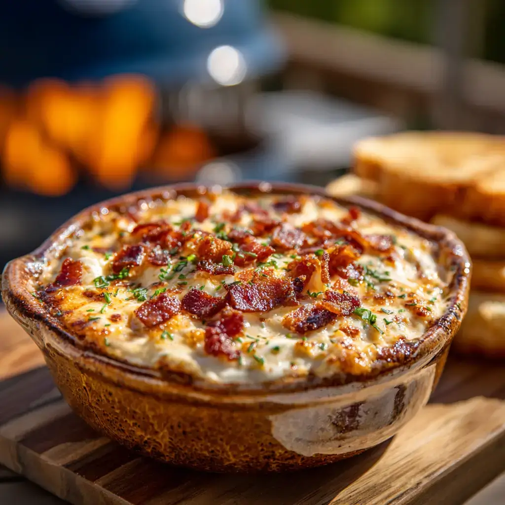 Chicken Bacon Ranch Queso with bacon topping and ranch drizzle