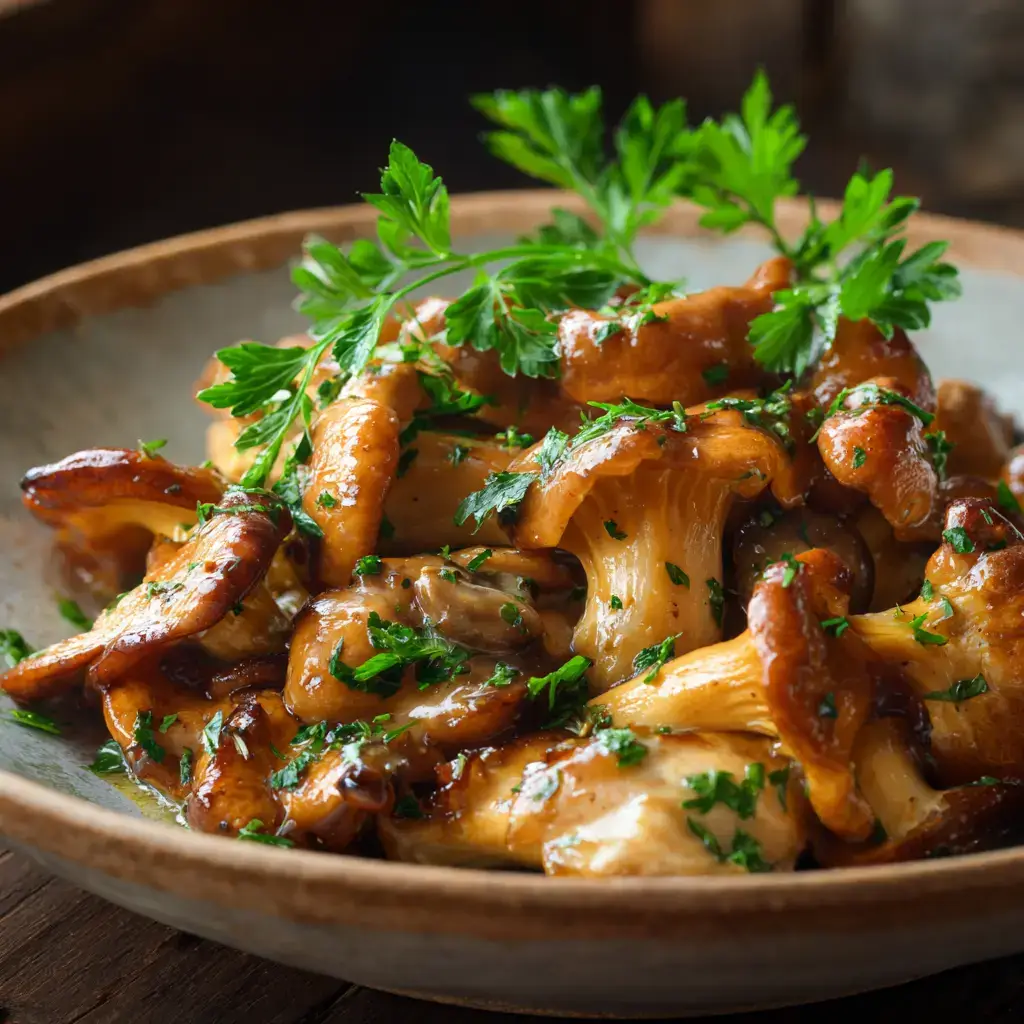 Chicken of the woods recipe close-up in ceramic bowl