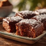 Moist chocolate coconut bars with icing and coconut