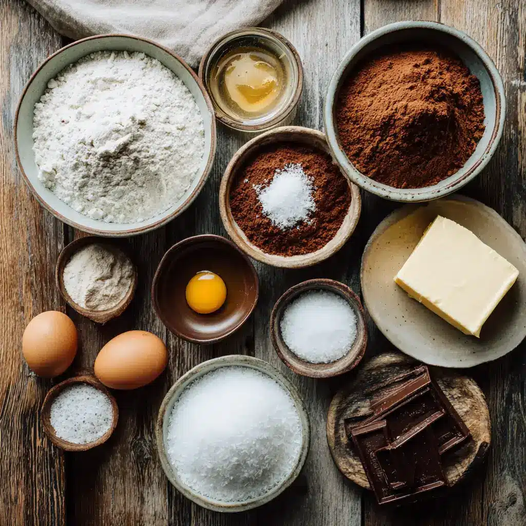 Ingredients for chocolate coconut bars on rustic table