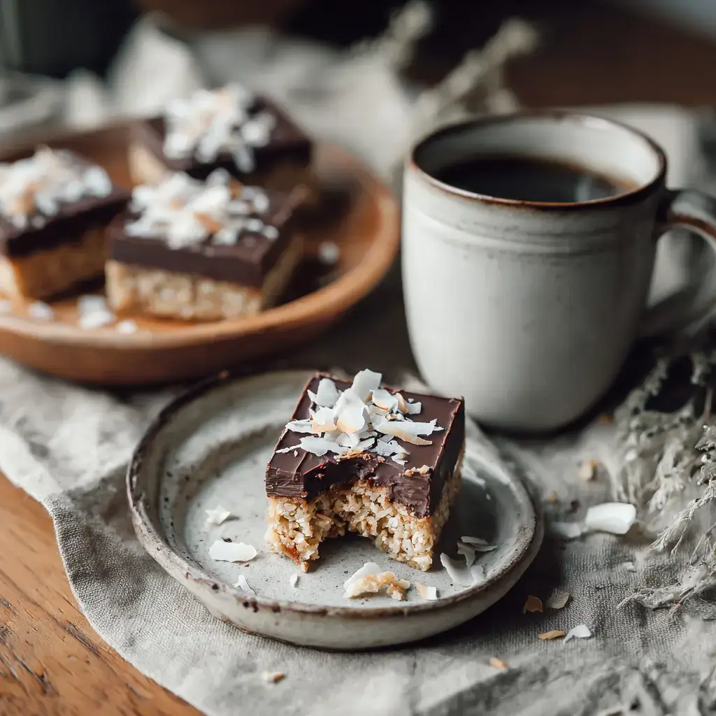 Chocolate coconut bar served with coffee on ceramic plate