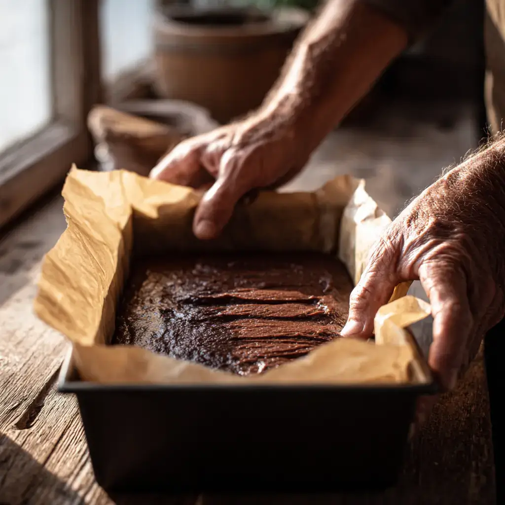 Pressing chocolate coconut batter into baking tin