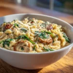 Creamy chicken sausage orzo in a ceramic bowl