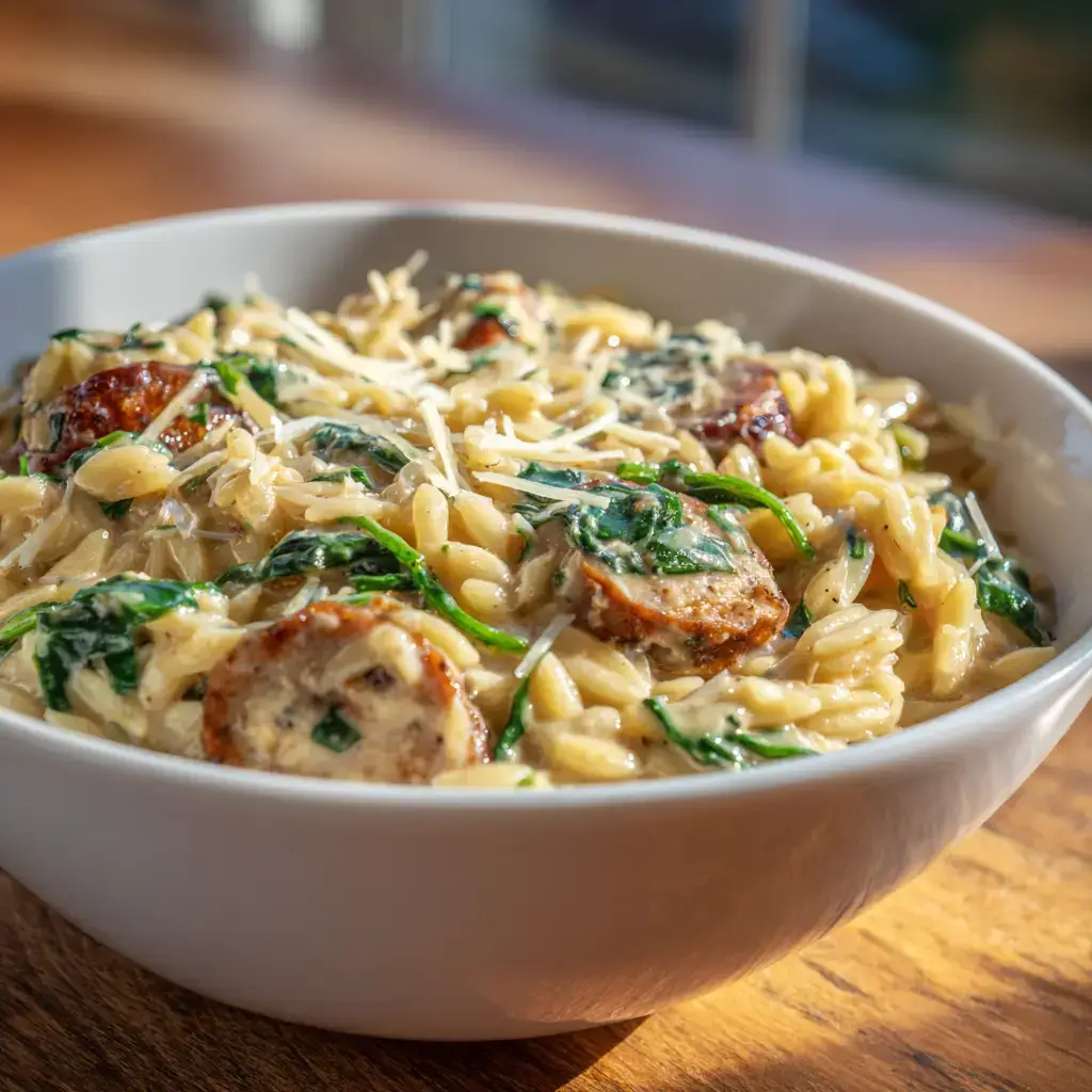 Creamy chicken sausage orzo in a ceramic bowl