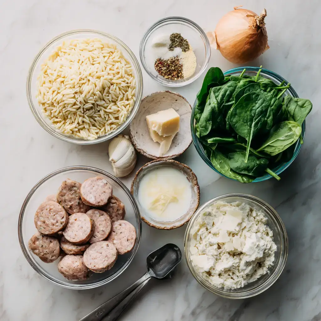 Ingredients for creamy chicken sausage orzo laid out