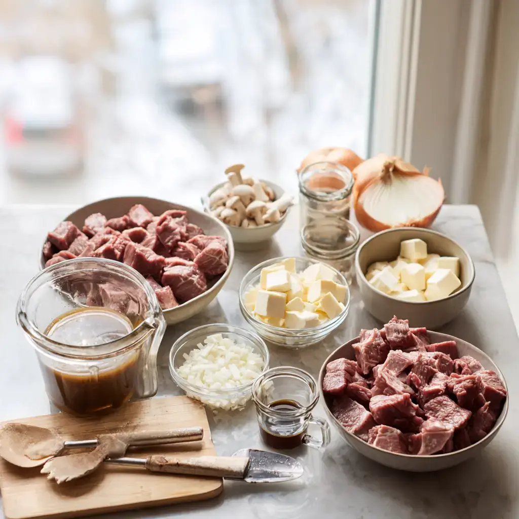 crockpot beef stroganoff recipe ingredients flat lay