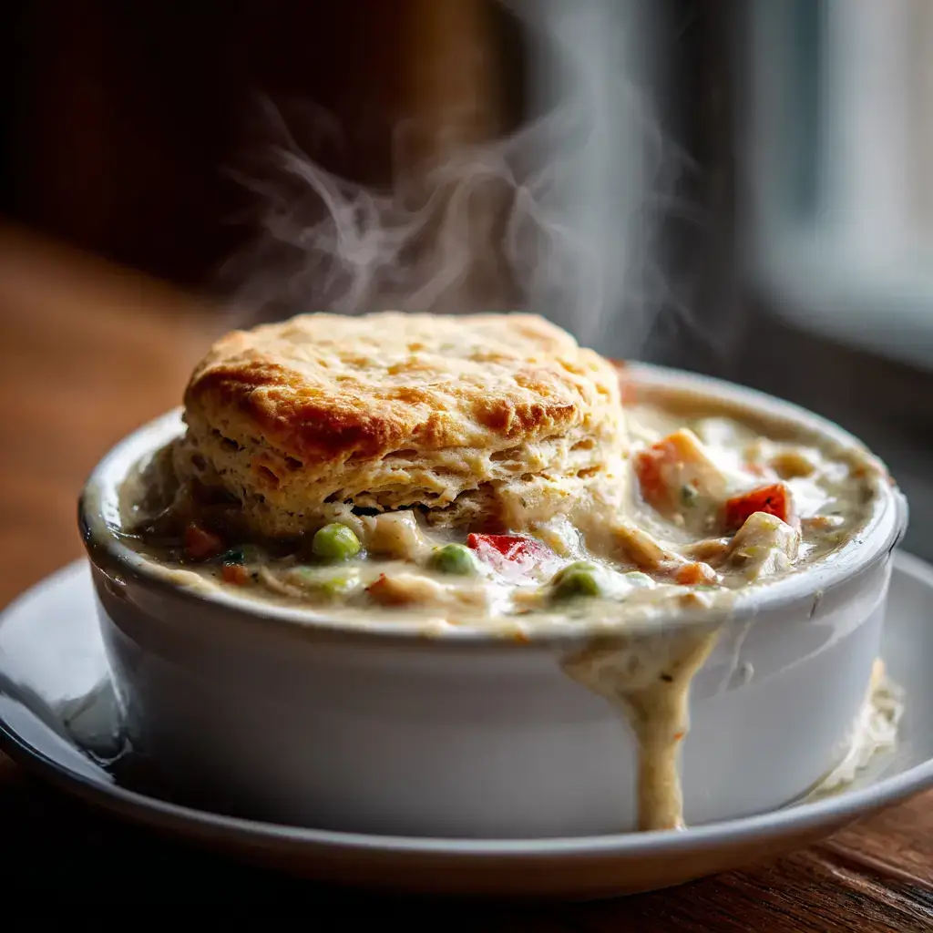 Crockpot chicken pot pie recipe served hot with biscuit on top
