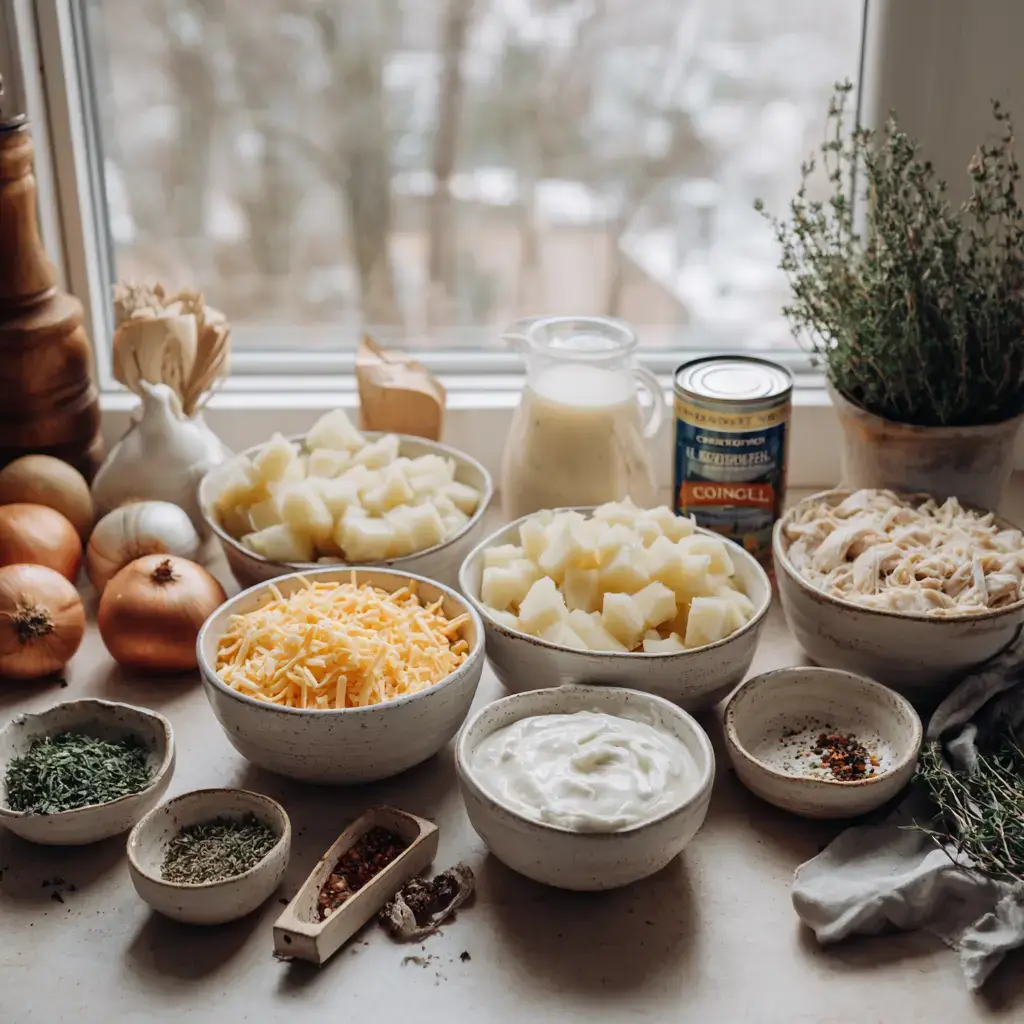 Ingredients for crockpot chicken pot pie laid out in bowls