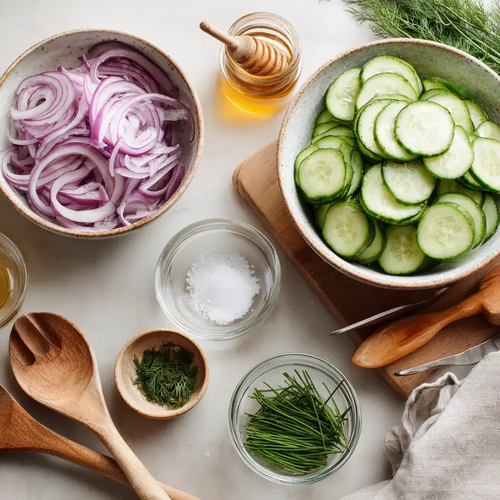 Ingredients for cucumber salad recipe on kitchen counter