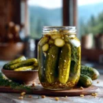 Crisp Dill Pickle Recipe in glass jar with garlic and dill