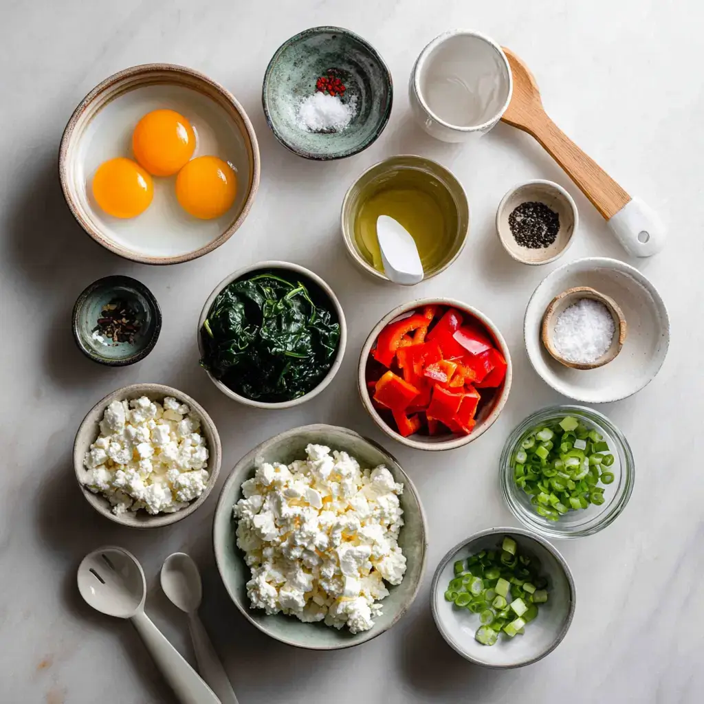 Ingredients for egg bites recipe laid out in bowls
