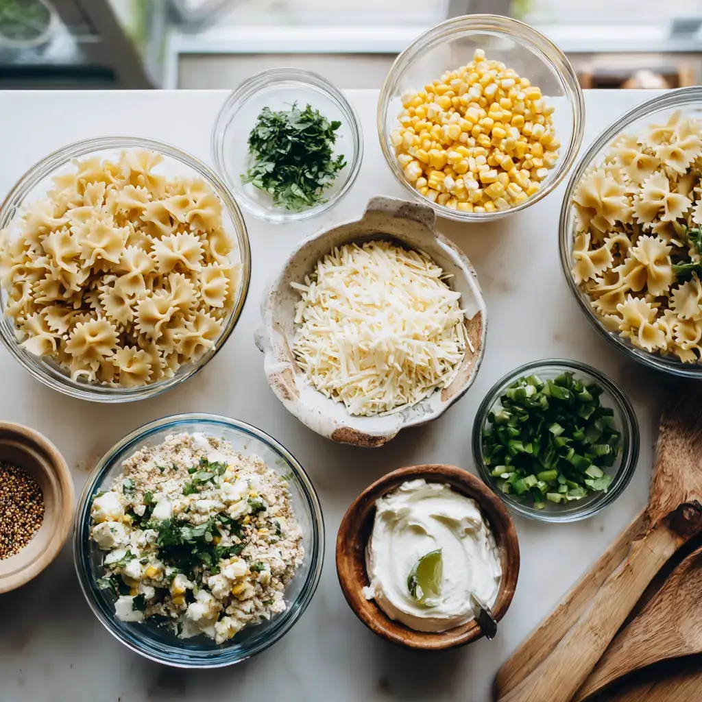 Elote pasta salad ingredients flat lay