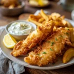 Fish and chip recipe on plate with tartar sauce