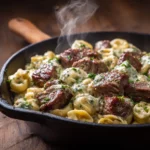 Garlic Butter Steak Bites & Creamy Alfredo tortellini in a skillet