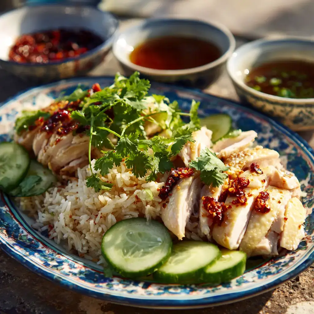 Finished Hainanese chicken recipe with rice and sauces