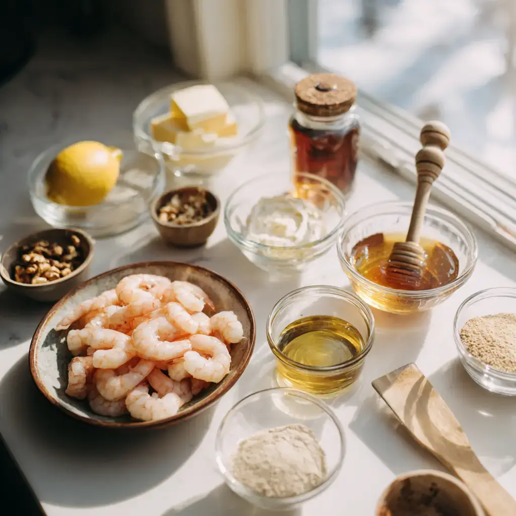 ingredients for honey walnut shrimp recipe laid on kitchen counter